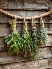 Poster - Fresh Herbs Drying on Rope Against a Sunlit Wooden Wall Providing a Rustic and Natural Display of Greenery