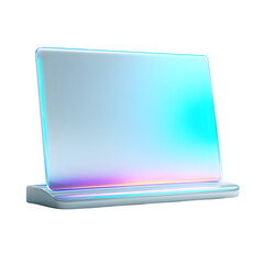 Poster - A sleek display device with iridescent hues resting on a minimalist white stand against a black backdrop