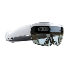 Poster - A close up shot of a white augmented reality headset with a transparent visor on a black background