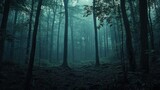 A deep forest with ghostly apparitions at dusk