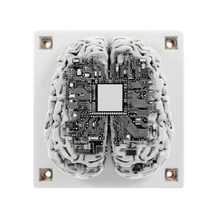 Poster - Artificial intelligence brain with circuit board on a white square background top down view