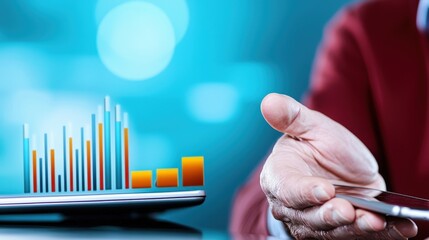 Poster - Businessman analyzing financial data with digital bar chart and growth metrics on a tablet in a modern office environment with a blue background