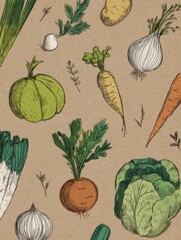 Poster - Hand-drawn Vegetables Design on Kraft Paper Featuring a Variety of Fresh Produce in an Artistic Arrangement