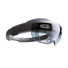 Poster - Augmented reality headset placed against a clean white background, showing sleek visor design and head strap, designed for immersive virtual experiences, modern and compact tech. Image version 7.