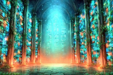 Poster - Enchanting digital library hall glowing with vibrant lights and lush green vines growing on ancient columns