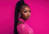 A stunning Black woman with luxury makeup poses confidently against pin red, exuding premium elegance.