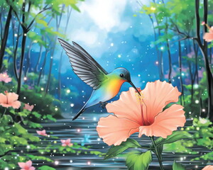 Aufkleber - A beautifully illustrated hummingbird sips nectar from a peach-colored hibiscus in a magical, glowing forest filled with soft sunlight and a gentle stream below.