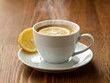 © TATSIANA - Aromatic Espresso Coffee with Lemon Slice in a White Cup and Saucer Refreshing Morning Drink