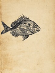 Fototapete - Black and White Drawing of a Fish on a Beige Textured Background With an Empty Space for Artistic Expression