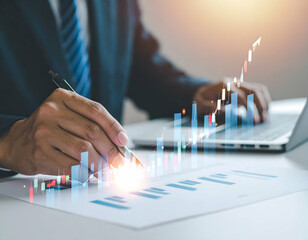 Poster - Businessperson analyzing financial data graphs on laptop and documents, showing growth