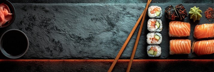 Poster - Sushi Set Arranged on Black Slate With Glowing Border and Open Space Above for Garnish and Sauces