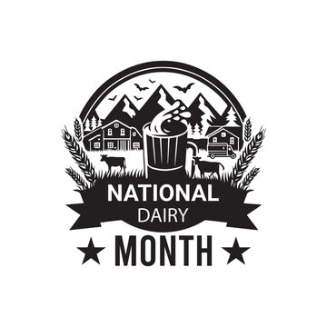 National Dairy Month Silhouette Vector Illustration, Solid White Background.