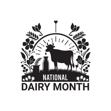 National Dairy Month Silhouette Vector Illustration, Solid White Background.