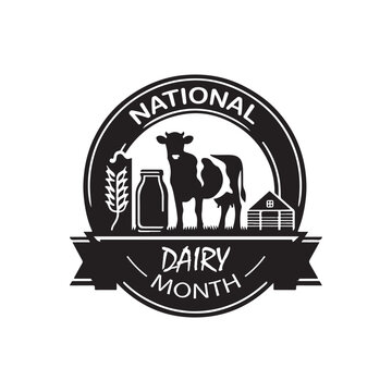 National Dairy Month Silhouette Vector Illustration, Solid White Background.