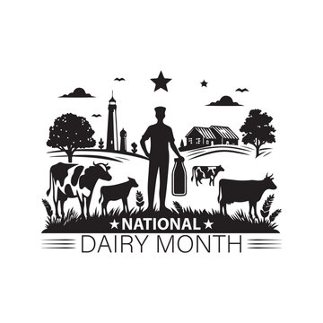National Dairy Month Silhouette Vector Illustration, Solid White Background.