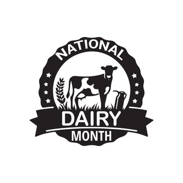 National Dairy Month Silhouette Vector Illustration, Solid White Background.