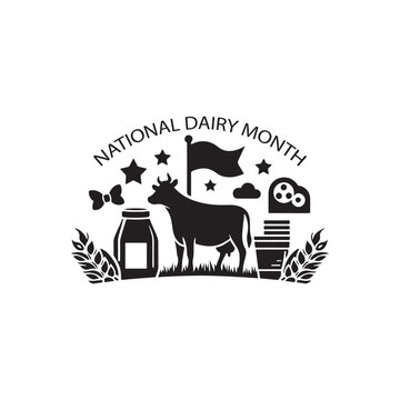 National Dairy Month Silhouette Vector Illustration, Solid White Background.