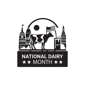 National Dairy Month Silhouette Vector Illustration, Solid White Background.