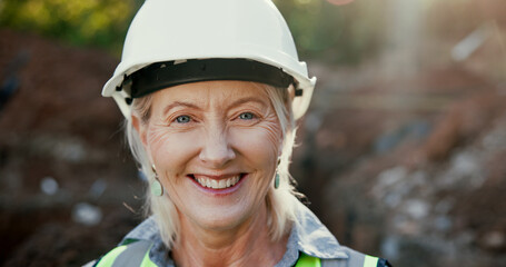 Poster - Smile, woman and portrait of construction worker on site with confidence for repairs or building. Happy, pride and face of mature female foreman with engineering project development for maintenance.
