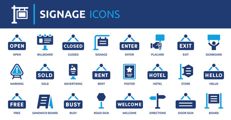 Poster - Signage icon set. Containing sign as billboard, road sign, advertising, directions, warning, placard, signboard, door sign and more. Solid vector icons collection.