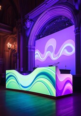 Poster - The design of futuristic event stages incorporates neon lights and audio visual displays for entertainment and concerts