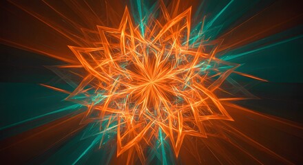 Poster - Abstract Fractal Art Fiery Orange and Teal Geometric Design, Digital Artwork