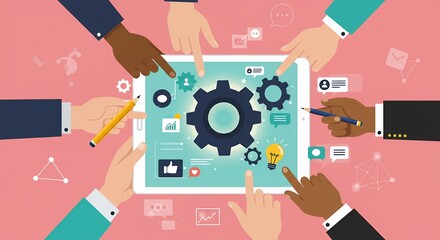 Poster - Collaborative Business Meeting Using Tablet with Gear Chart and Lightbulb Icons Multiethnic Hands on Touchscreen Flat Vector Graphic in Pink Background