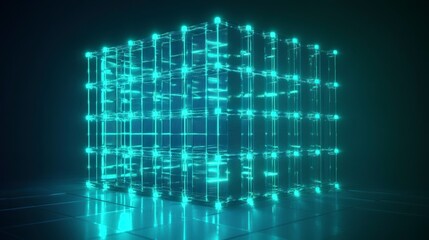 Fototapete - Glowing cyan cube structure with interconnected nodes, reflecting on a dark floor.