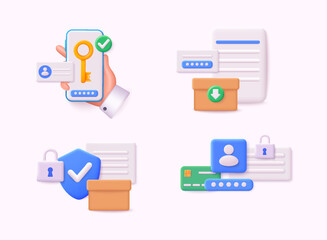 Poster - Set of security system object. Login and safe concept. Mobile phone with passcode screen and face recognition app icon. 3D Web Vector Illustrations.