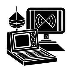 Poster - Illustration of a vintage computer setup with a monitor, laptop, and a hanging data storage device