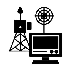 Poster - Illustration of a communication tower with antenna and a computer monitor in black and white style