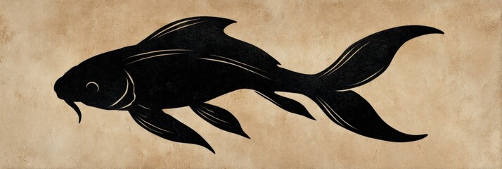 Fototapete - Elegant Black Fish Silhouette Gracefully Swimming Over a Textured Parchment Background Showcasing Natural Beauty