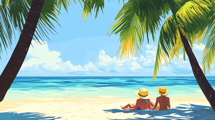 Wall Mural - A couple relaxes on a beach, shaded by swaying palm trees. The scene evokes a tranquil coastal moment.