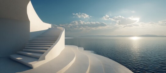 white staircase by the sea under bright sky