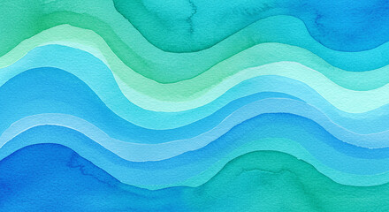 Poster - Watercolor painting of blue and green waves. Abstract background with fluid shapes and hand painted texture, ideal for modern design projects.