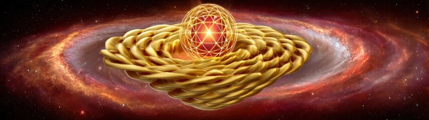 Poster - Golden Energy Sphere Surrounded by Cosmic Swirls in a Vibrant Galaxy Background Offering a Mystical, Celestial Experience for Spiritual Exploration