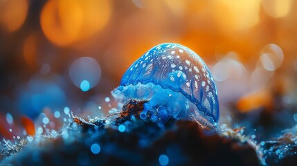 Poster - Close-up of a translucent blue jellyfish with white spots on dark ground, bokeh background.