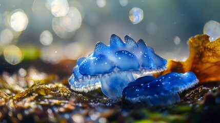 Poster - Vibrant blue mushrooms with dew drops in a forest setting.