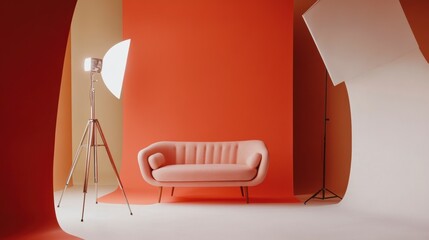 Poster - Pink sofa in minimalist studio with lighting equipment.