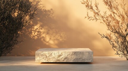 Poster - Elegant marble podium with sunlit branches on an ochre background.