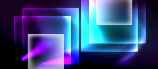Poster - Abstract neon squares overlap, creating vibrant light effects against dark background. Modern digital art composition.