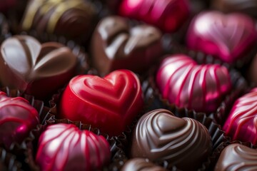 Poster - Close up of heart shaped chocolates, perfect for valentine's day, showing assorted colors and flavors