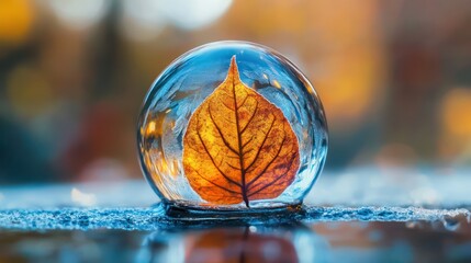 Autumn leaf in a transparent sphere