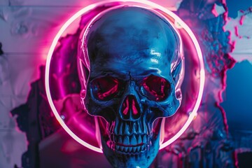 Poster - Futuristic cyberpunk skull glowing in a pink neon circle, creating a vibrant and eerie atmosphere