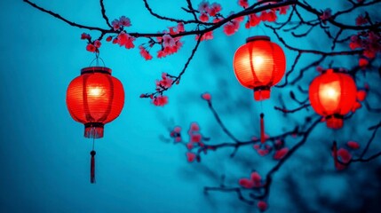 Poster - Illuminated red lanterns hanging from a blossoming tree branch at dusk.