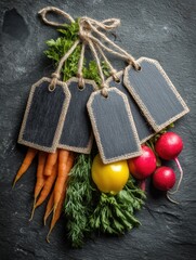 Poster - Market Produce Tags and Fresh Vegetables on a Chalkboard Background Showcasing a Colorful Assortment of Carrots, Radishes, and Herbs
