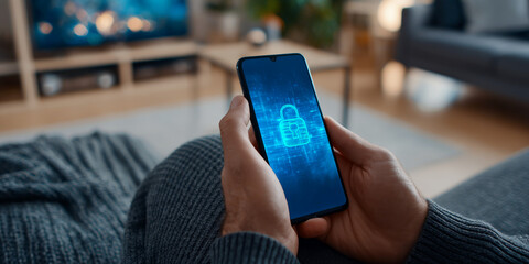 Poster - Close-up of hands holding smartphone displaying a digital lock icon, representing online security and data protection in a cozy home setting