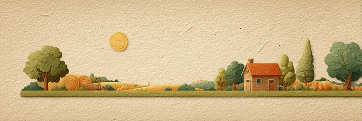 Poster - Stylized Farm Landscape Illustration With Warm Colors and Textured Paper Background Showcasing a Serene Rural Setting