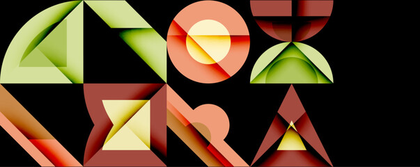 Aufkleber - Abstract geometric shapes form word nox. Colors include orange, green, brown, red. Minimalist design on black background.