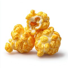 Poster - Three pieces of candied popcorn are isolated on a white background. The treat features a rich orange color that would be a great snack.